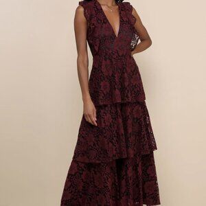 NWT Lulus Molinetto Burgundy Lace Ruffled Tiered Sleeveless Maxi Dress